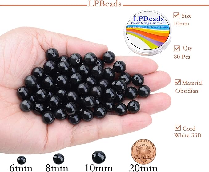 LPBeads 80Pcs Polished 10mm Round Natural Obsidian Gemstone Loose Beads with Stretch Cord for Jewelry Making Bracelets