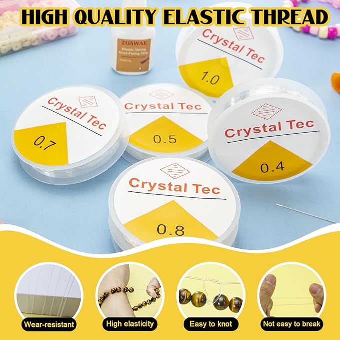 Elastic String for Bracelets, Stretchy Bracelet String 6 Roll Clear Elastic String for Bracelets, 1 Roll 0.7mm Flat Bracelet String Elastic for Beads Beading Bracelet Necklace Jewelry Making Supplies