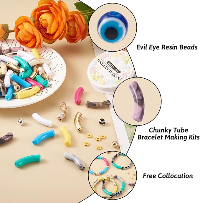 60Pcs Acrylic Chunky Tube Beads with Evil Eye Resin Beads, Disc Spacer Beads & Elastic Crystal Thread, Curved Tube Beads for Bamboo Bangles Bracelet Jewelry Making