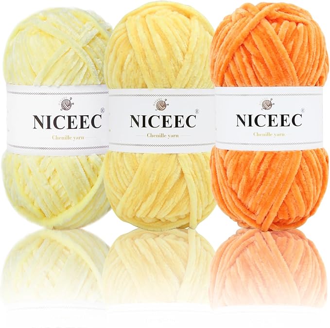 NICEEC 3 Skeins Soft Chenille Yarn Assorted Colors Blanket Yarn for Knitting Fancy Yarn for Crochet Weaving DIY Craft Total Length 3×85m (3×93yds, 3×50g)_Yellow Series
