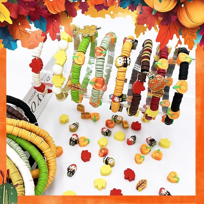 3600 PCS 10 Strands Fall Clay Beads for Jewelry Making, with 50pcs Autumn Clay Charms for Bracelets Making (Thanksgiving Day)