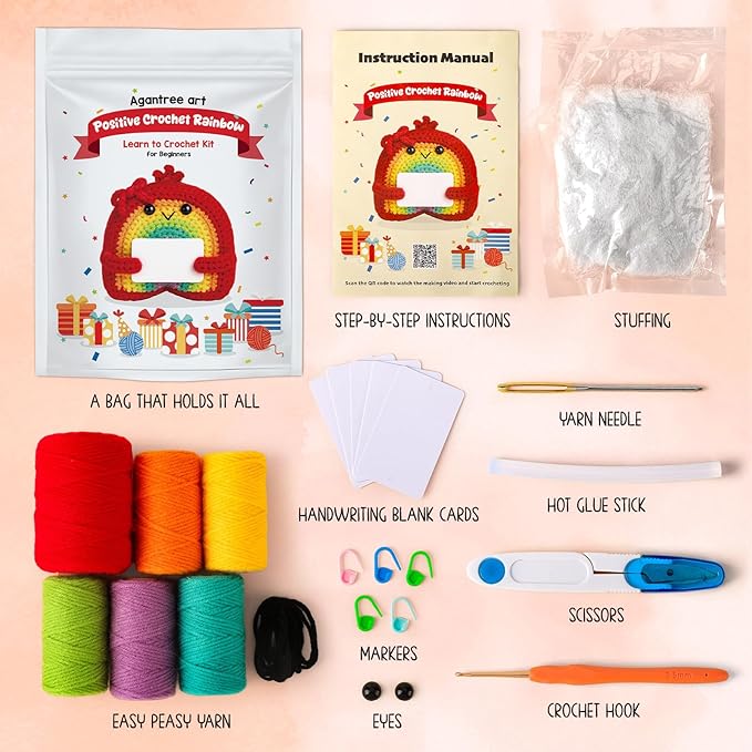 Agantree art Crochet Kit for Beginners Kids Teens Adults Rainbow Crochet Kits with Step-by-Step Video Tutorials, DIY Custom Easter Basket Stuffers Gifts Birthday for Girls Friends Women (40%+ Yarn)