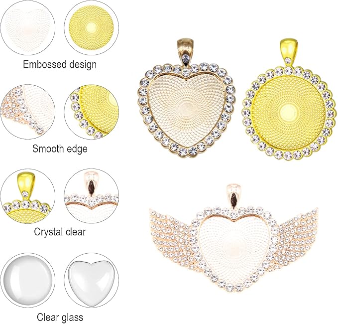 72 Pcs Rhinestone Bezel Wings Pendant Kit, 3 Styles Bezel Pendant Trays, Glod and Silver Sublimation Necklace Blank with Chain, Clear Glass Cabochons for Christmas Making Crafts Wedding Jewelry Gifts