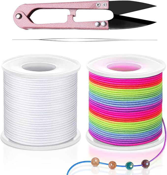 Stretchy String for Bracelets, Necklaces, Bead Stringing, Jewelry Making, Hair Braiding, and Crafts. Diameter: 1mm, Length: 330 Feet, Rainbow and White (2 Pieces)