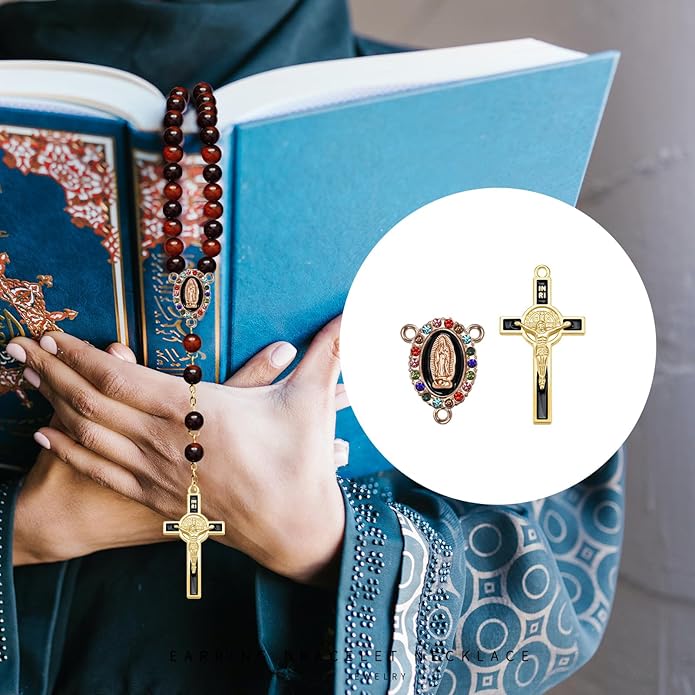 48Pcs/24Sets Rosary Making Kits Supplies Religion Cross and Center Medal Charms Alloy Enamel Rhinestones Virgen de Guadalupe Pendant for Diy Catholic Prayer Necklace