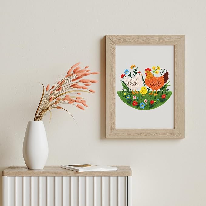 Louise Maelys Funny Animal Embroidery Kits for Beginners,Cross Stitch Kit for Adults,DIY Needlepoint with Hen Rooster Chick and Flower Lawn Pattern