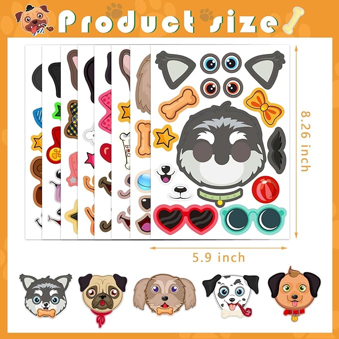 24 sheets dogs make a face stickers make you own dogs stickers animal sticker for kids, birthday gift party favors supplies teacher art craft, games school activity reward