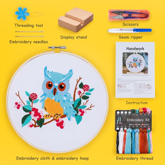 BERYA Owl Embroidery Kit, Embroidery Kit for Adult, Owl Pattern Practice Kit, Including Video Step by Step Instructions, Embroidery Hoop, Cloth, Needles and Thread for DIY Craft Lover (BEO011)