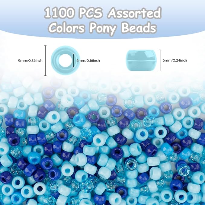 pony beads bulk 1100 pcs, beads for jewelry making, beads for bracelets making, hair beads, bracelet beads, plastic beads for crafts, hair beads for braids for girls(blue beads)