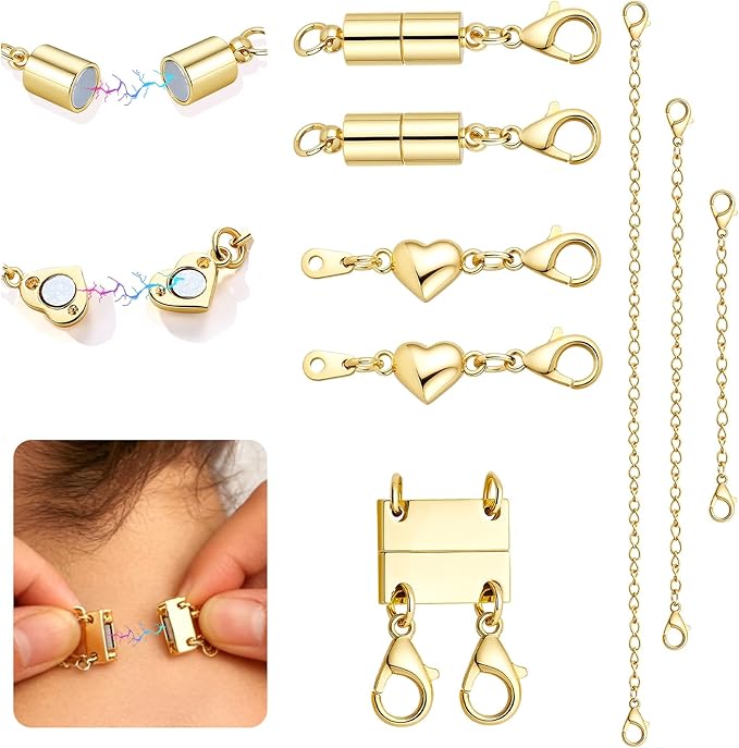 KRFY Extra Strong Magnetic Necklace Clasps and Closures, Necklaces Separator for Layering Stacks, Necklace Chain Extenders for Women, Magnet Detangler Clasp Bracelet 8Pcs 16K Gold Plated
