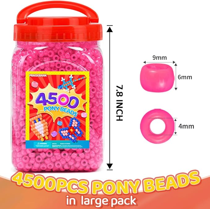 praisebank pony beads, 4500pcs 6x9mm, wholesale beads, bracelets jewelry making, arts & crafts(pink)