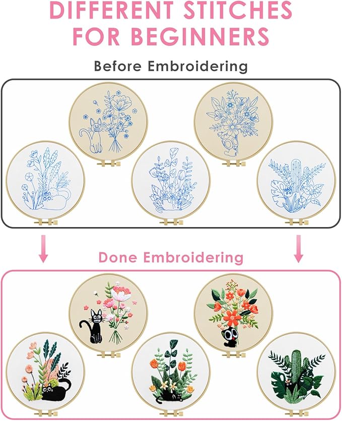TINDTOP Embroidery Kit for Adults, Embroidery Kit for Beginners Include Embroidery Cloth Hoops Threads for Craft Lover Hand Stitch with Embroidery Skill Techniques (Black Cat)