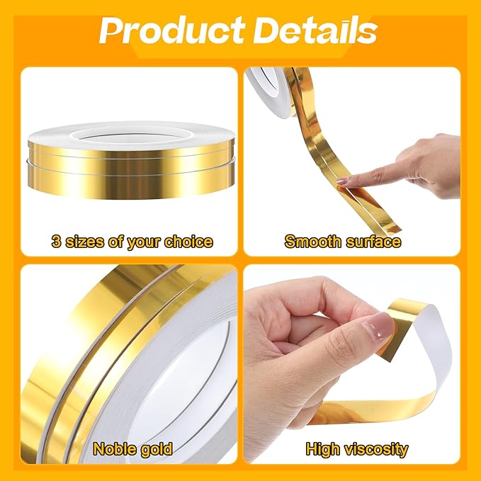 Zonon 3 Sizes Spark Gold Self Adhesive Polyester Film Tape Washi Tape for Car Furniture Graphic Arts Walls Decor, 55 yds (5/10/15mm)