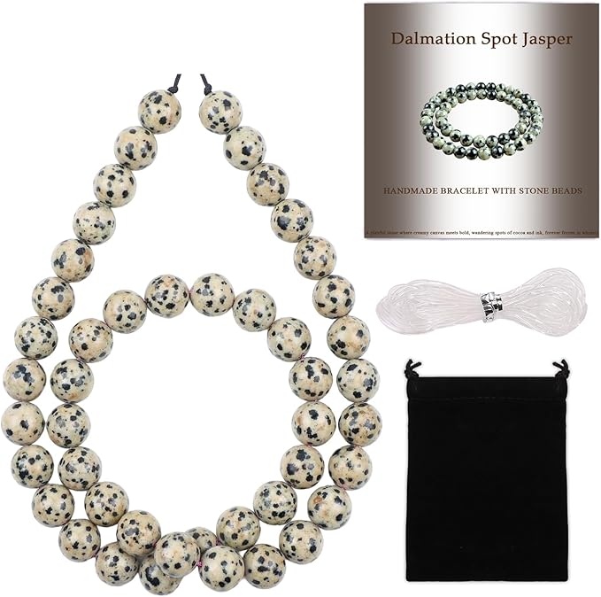 Stone Beads, 45pcs Dalmation Spot Jasper, 8mm Round Loose Beads for Jewelry Making, Bracelets, with Bag, String & Card
