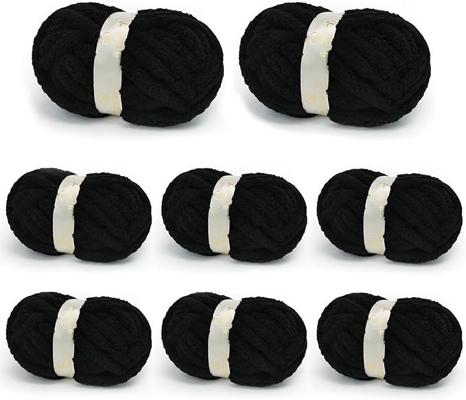 Chunky Yarn for Hand Knitting, Chunky Chenille Blanket Yarn for Crocheting, Bulky Soft Fluffy Chenille for Blanket Project, 8 Pack of 8oz/25yds, Black