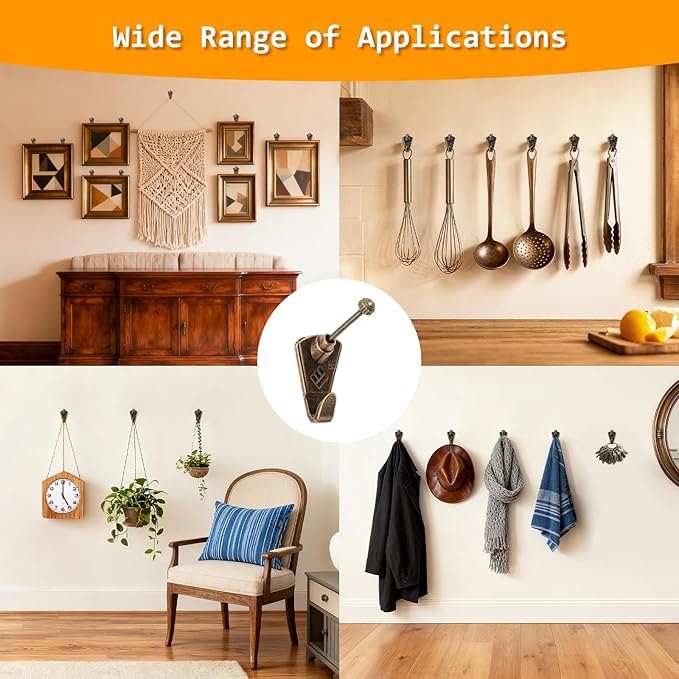 KURUI Bronze Picture Hanging Kit, Heavy Duty Wall Hangers Set with Brass Hooks, Nails, Wire and Mini Level, Assorted Sizes, for Frames, Posters, Art, Canvas, Home Decor, 69 Pcs