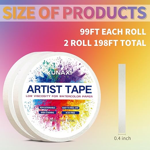 2 Packs Art Tape, Artist Tape for Watercolor Paper Low Tack White Painters Tape for Drafting Art Painting Canvas Framing Acid Free Masking Tape-0.4IN Wide 198FT Long Total
