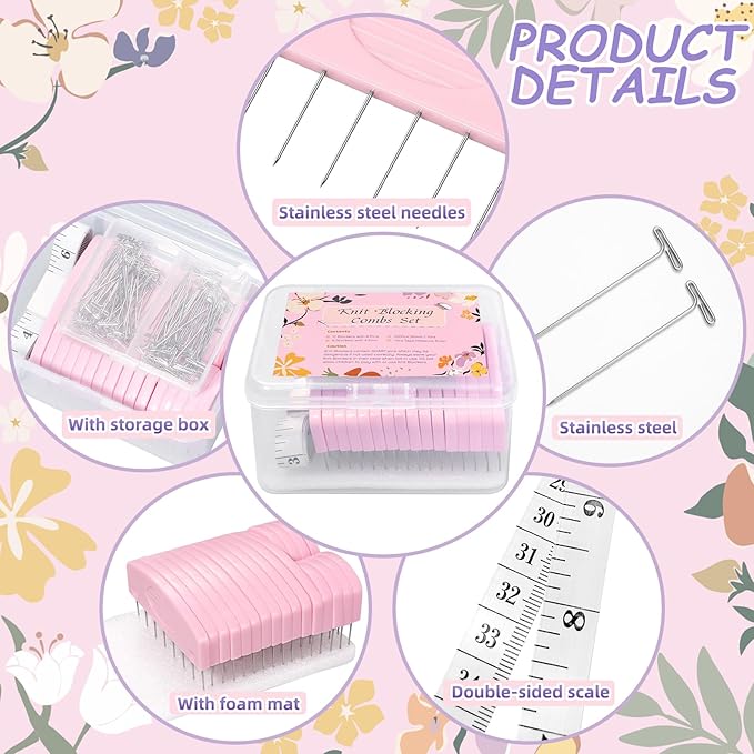120 Pcs Knit Blocking Combs Pins Kit, 20Pcs Pink Color Knit Blockers Pins Kit, 100 T-pins for Blocking Knitting Crochet, Needlework Projects, Knitting Block Pins Tool for Blocking Mats