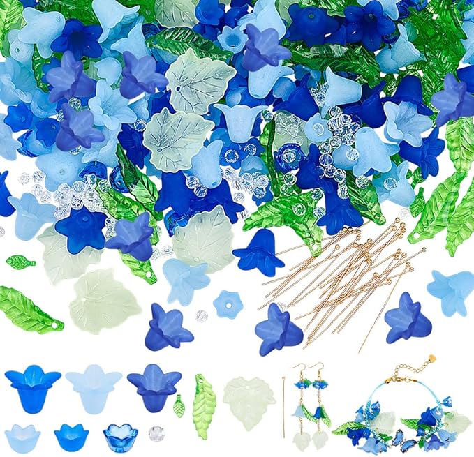 NBEADS About 417 Pcs Frosted Acrylic Assorted Beads Kit, 300 Pcs Acrylic Flower and Leaf Beads 87 Pcs Round Glass Beads 30 Pcs Brass Ball Pins Jewelry Making Supplies Kit for Earring Bracelets Making
