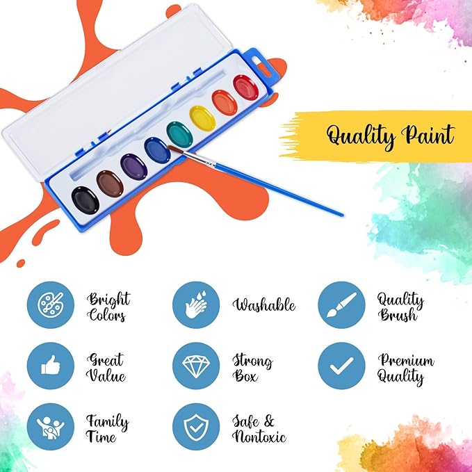 Watercolor Paint Set - 8 Classic Washable Paint Colors with Paint Brush - Non-Toxic Water Color Paint Sets For Kids & Adults - Ideal for Art, Crafts & School Supplies (Pack of 2)