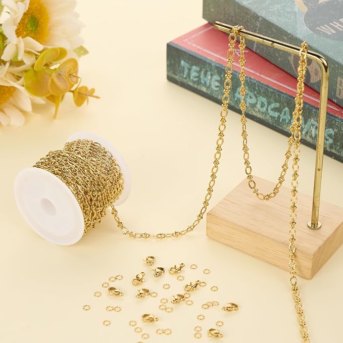 Jabogrii 13 Feet Gold Plated Embossed Oval Cable Chain for Jewelry Making Shiny Stainless Steel Jewelry Making Chains Bulk