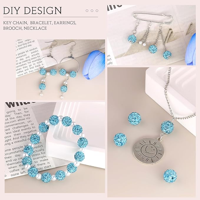 100 pcs 10mm Rhinestone Beads for Jewelry Making, Aquamarine Shiny Round Shamballa Disco Beads Bulk, Sparkle Crystal Clay Christmas for Bracelet Baseball Necklace Earring Crafting and DIY