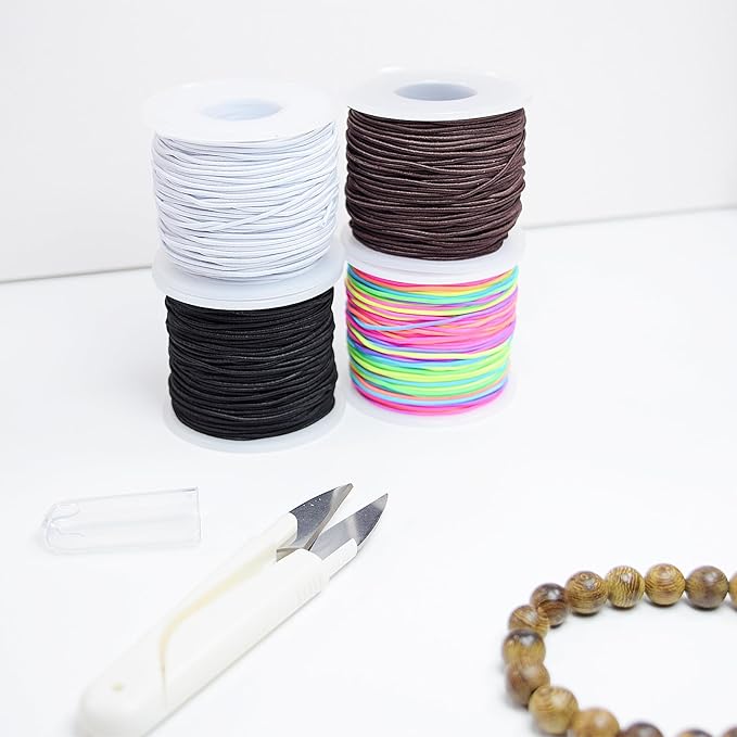 Stretchy Bracelet String Kit with Scissors & Beading Needle, 4 Rolls Elastic String for DIY Crafts, 1mm Stretchy Cord for Jewelry Making Sewing Necklace Beading, 660FT