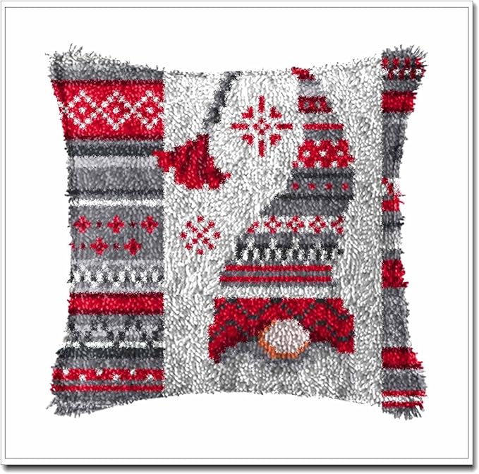DL-YTG DIY Latch Hook Kits Throw Pillow Christmas Hat Cover Rug Pattern Color Printed Canvas16X16 inch, Crochet Needlework Crafts for Adults