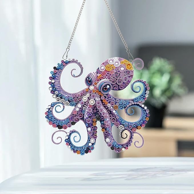 AiYuanzsh Octopus Diamond Painting Hanging Ornament, 5D DIY Special Shaped Diamond Art Pendant Kit for Adults, Large Ocean Animal Wall Hanging Craft Decoration 24.1x22.6cm, Nautical Home Decor & Gift