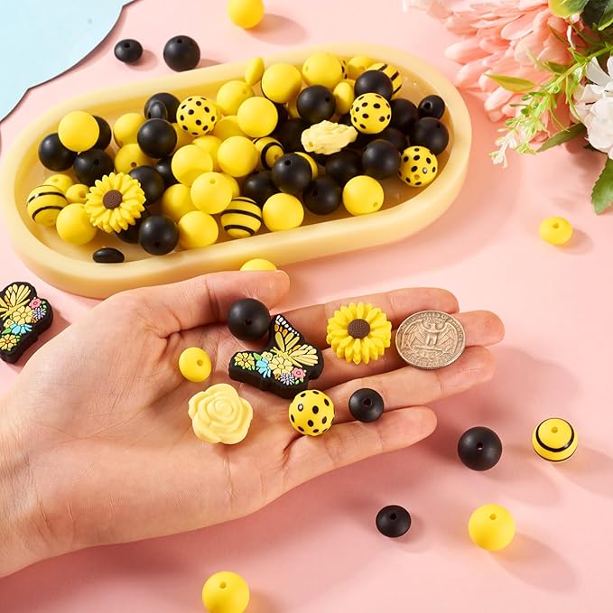 96 Pcs Butterfly Silicone Focal Beads for Keychain Yellow Silicone Loose Beads for Bracelet Making Rondelle Flower Daisy Beads for Women Jewelry Making DIY Birthday Supplies