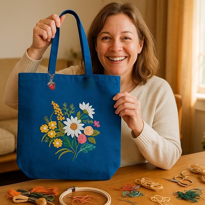 Speedura Embroidery Kit for Beginners – Dual Canvas Tote Bags with Floral Cross Stitch Patterns | Complete Needlepoint Set Includes Hoops, Threads & Step-by-Step Video Tutorial (Beige & Blue Set)