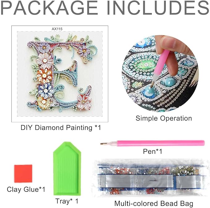 MVVMTOP Diamond Painting Kit, 5D DIY Letter E, Special Shape Crystal Artificial Diamond Art Partial Mosaic Handicraft for Beginners, Wall Decor Gift for Bedroom, Office, Living Room 6.7x6.7in