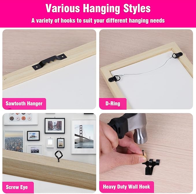 THINKLEARN Picture Hanging Kit - 327Pcs Picture Hangers with Hooks, Nails, Wires, Level & Hammer, Wall Hanging Kit for Frame, Painting, Art, Photo, Picture Hanging Hardware for Home & Office Decor