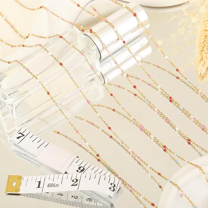 Gold Plated Stainless Steel Enamel Cable Chain for Jewelry Making, Oil Drip Rainbow Beaded Links Chains for DIY Necklace Bracelet Craft Jewelry Making Supplies with Lobster Clasps Soft Tape Measure