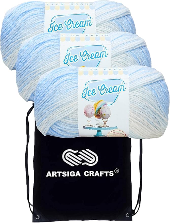 Lion Brand Ice Cream Blueberry 923-203 (3-Skeins - Same Dye Lot) Baby Sport #2 Acrylic Yarn for Crocheting and Knitting with Project Bag