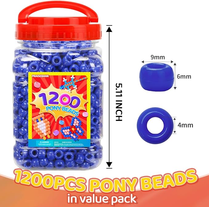 praisebank pony beads, 1200pcs 6x9mm, wholesale beads, bracelets jewelry making, arts & crafts(dark blue)
