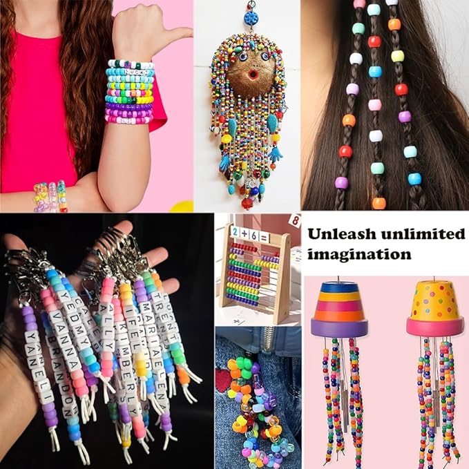 MIIIM 1300 Pcs Pony Beads Kit for Friendship Bracelet, 6 Styles Kandi Bracelet Kit in Box with Individual Compartments, Hair Beads for Braids, Letters (Pink Shades)