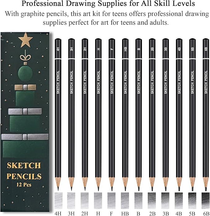 fuxi sketch pad and pencil set | stocking stuffers, art supplies for adults | gifts for artists, teen & beginners | complete drawing set with sketch book, sketch pencils, charcoal & graphite sticks.
