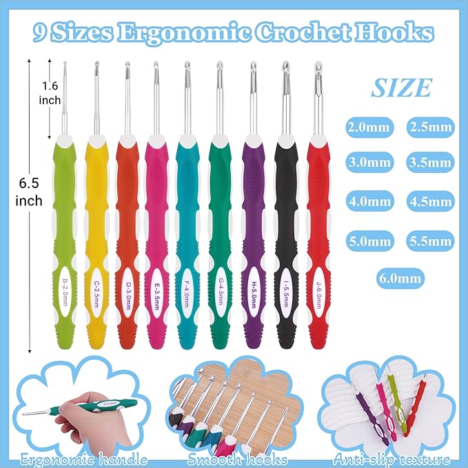Hobekoee 23 Sizes Crochet Hooks Set with Case,2mm-10mm Ergonomic Crochet Needles for Arthritic Hands,Complete Crochet Kit for Beginners and Experiencer
