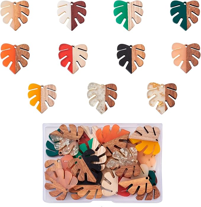 Beadthoven 22pcs/11 Pairs Natural Wood Resin Charms Monstera Leaf DIY Earrings Pendants Mixed Colors Tropical Palm Leaves Wooden Pieces Pendants for Statement Jewelry Making Findings