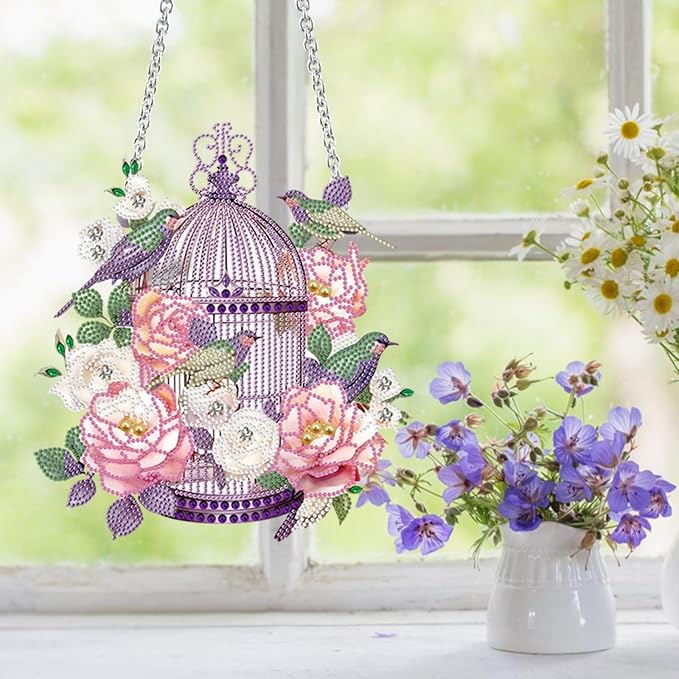 Flower Birdcage Design DIY Diamond Art Painting Wreath Kits Special Shaped Rhinestone Diamond Art Window Pendants Home Garden Wall Hanging Kits (Single Side Point Drill) (#11-Cat) (#06-Bird)
