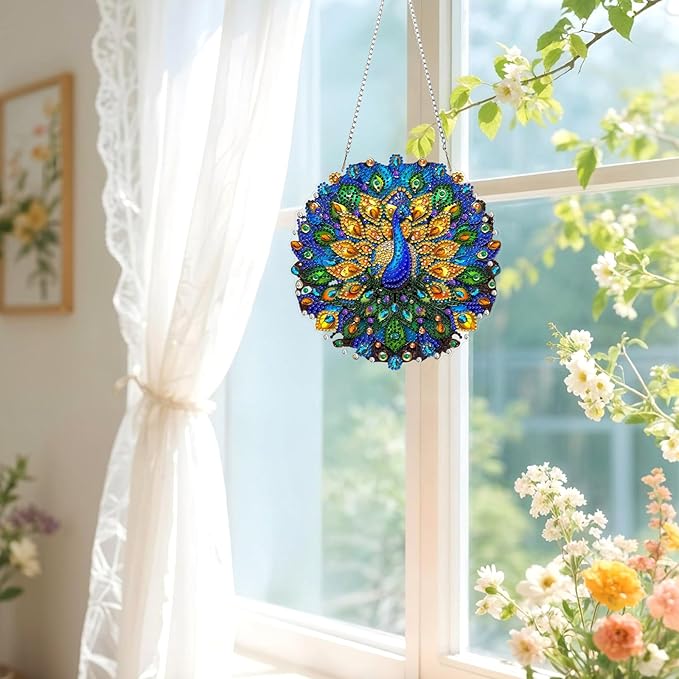 Lxmsja DIY Stained Glass Peacock Diamond Painting Hanging Ornament, Double-Sided Acrylic Jewels and Pearls Diamond Art Kit, Special Shaped Suncatcher Hanging Pendant Window Art Kit