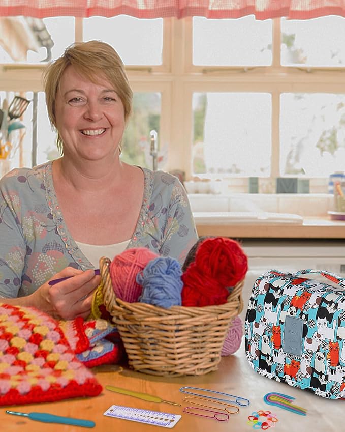 Aeelike Crochet Kit for Beginners with 15 Colors Yarn and Introduction Book, 71pcs Crochet Starter Kit Everything for Adult, Learn to Crochet Kit with Soft Grip Crochet Hooks and Blue Cat Bag