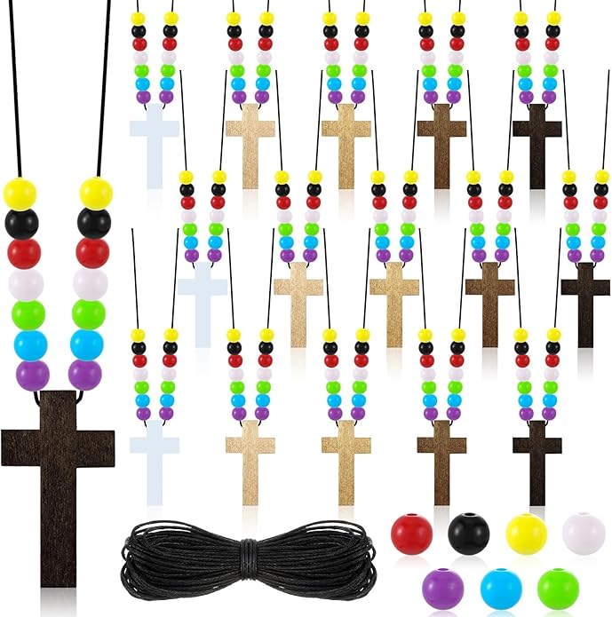 Kathfly DIY Wood Cross on Cord Pendant Necklace Sunday School Crafts for Kids Wood Cross Necklace with Colorful Beads Religious Party Favor for Vbs Church Easter Gifts