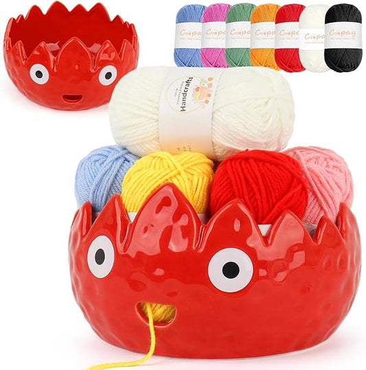 Coopay Flame Yarn Bowl for Crocheting/Knitting, Cute Yarn Storage Bowl with 7PCS Yarn, Large Size Ceramic Yarn Bowl Crochet Knitting Bowl for Beginners, Great Knitting Crochet Gift (7in)