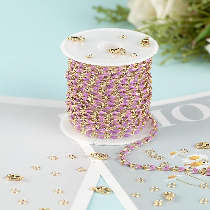 Purple Enamel Jewelry Chains for Making Jewelry, Gold Plated Brass Cable Chain Spool with Jump Rings and Lobster Clasps