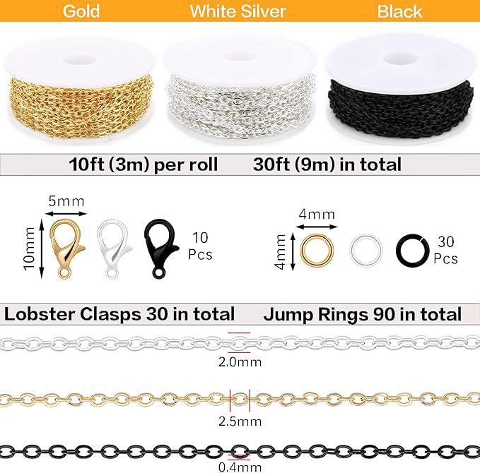 jishi 30ft jewelry making chains bulk 2mm necklace chains for jewelry making supplies, diy craft earring bracelet making findings, 3-colors gold silver black plated metal rolo cable link chain rolls