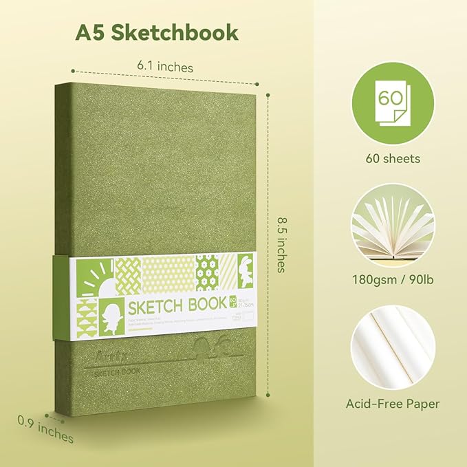 Arrtx A5 Sketchbook 8.5"x6.1" - 120 Sheets/240 Pages(2 Pack), 180gsm Acid-Free Paper Blank Sketch Book, Hardcover Portable Artist Sketch Journal for Drawing, Illustration & Travel