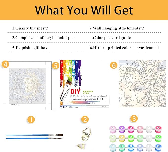 Framed Paint by Numbers Kit for Adults Beginners & Kids Ages 8-12, Sun and Moon Acrylic Easy Paint by Number with Frame, Watercolor Painting by Number Kits on Canvas Framed (8 * 8 Inch, without Easel)
