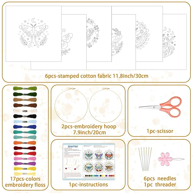 BEUNITONE 6 Set Butterfly Embroidery Kit for Adults Beginners, DIY Needlepoint Craft Kits with Instructions and Hoops, Complete Starter Set for Adults, Funny Hand Embroidery for Fabric and Home Decor